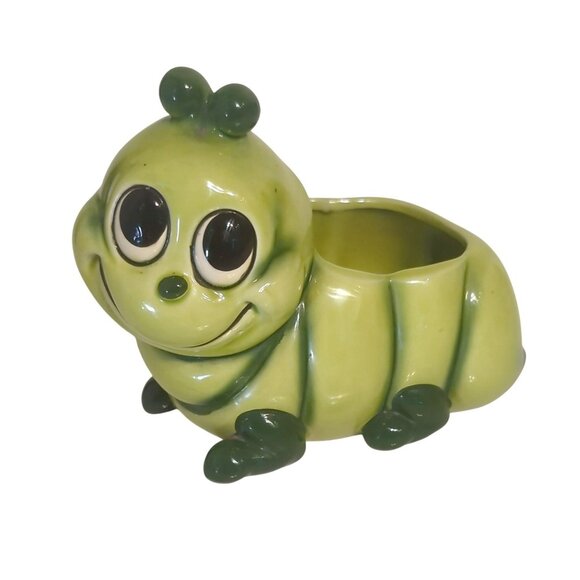 Vintage Relpo Green Caterpillar Ceramic Planter Kitsch Cute Garden Decor Japan - Picture 2 of 9